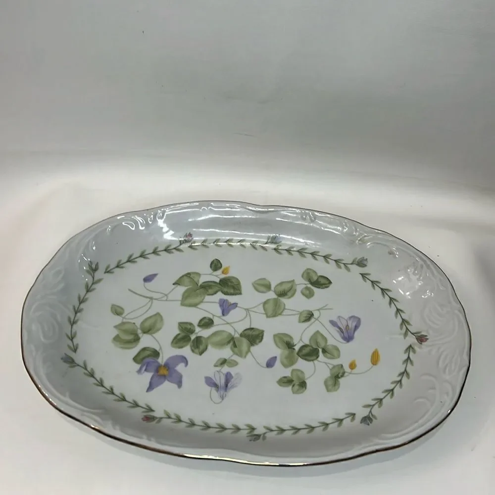 Tienshan Fine China Oval 13 X 9 Inches Serving Storing Platter White Green Purpl